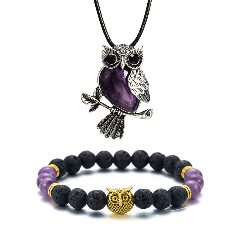 Softones Owl Healing Crystals Necklace & Bracelet Set - Reiki Spiritual Energy Gemstone Gifts for Women with Gift Box - Image 1